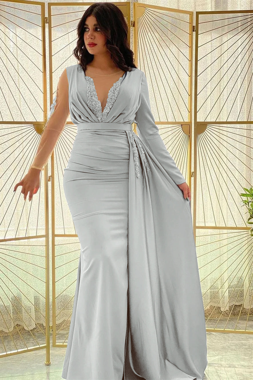 Blue Mermaid Prom Dress Long Sleeve Crew Neck Formal Dress With Beadings and Rhinestones