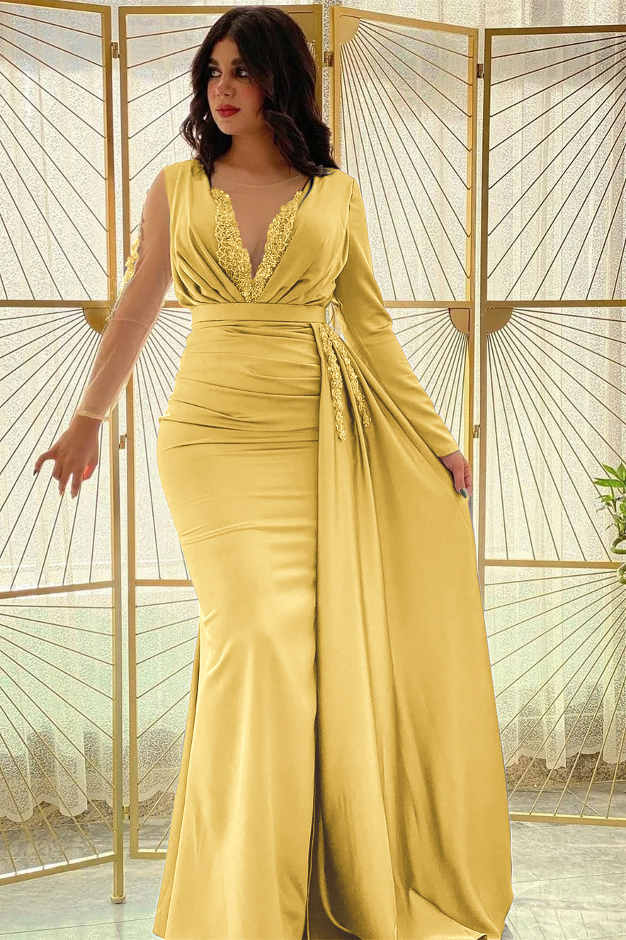 Blue Mermaid Prom Dress Long Sleeve Crew Neck Formal Dress With Beadings and Rhinestones