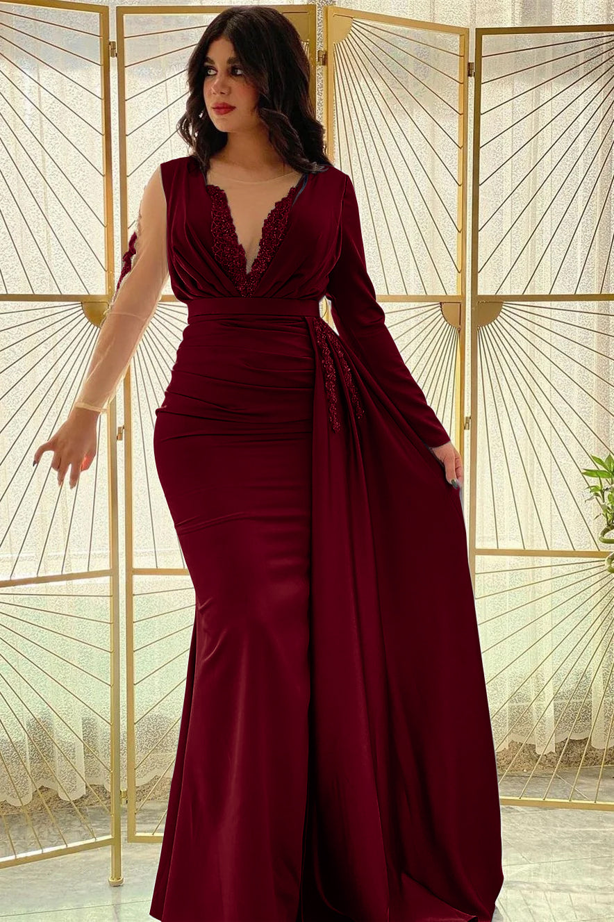 Blue Mermaid Prom Dress Long Sleeve Crew Neck Formal Dress With Beadings and Rhinestones