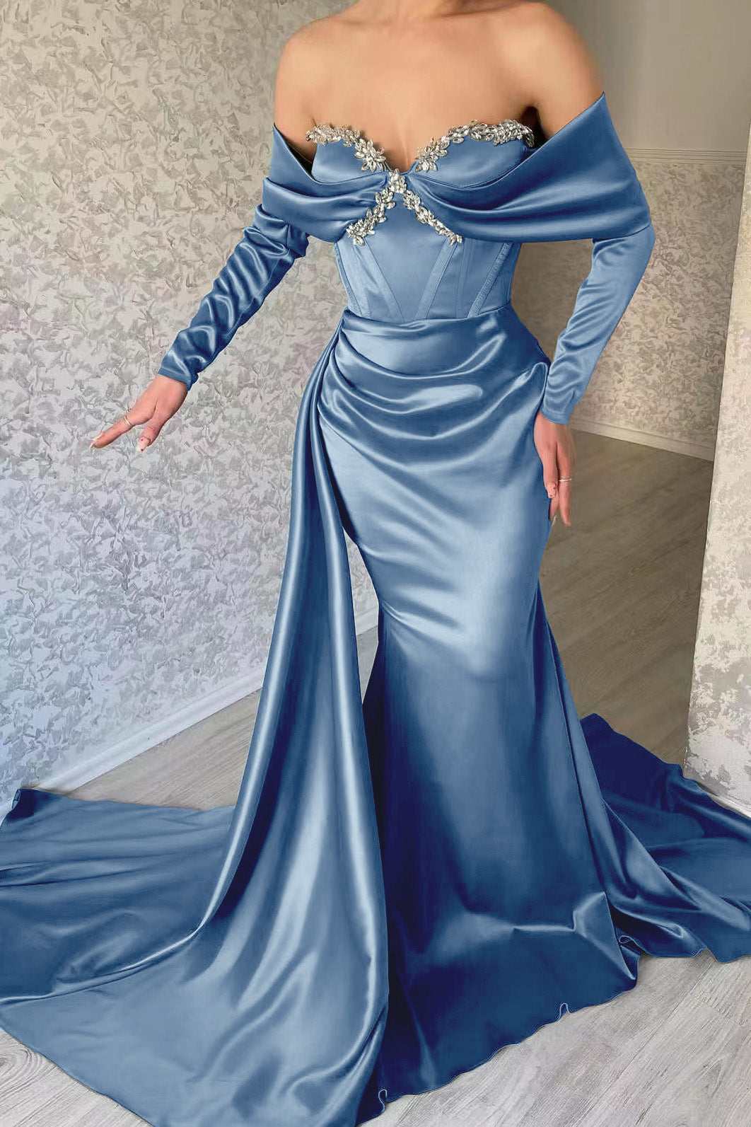 Blue Mermaid Prom Dress Long Sleeve Off the Shoulder Formal Dress With Beadings and Rhinestones