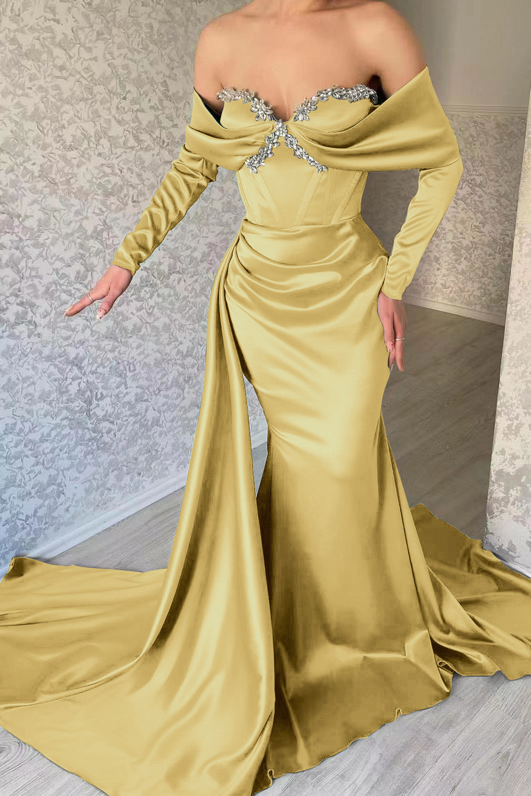 Blue Mermaid Prom Dress Long Sleeve Off the Shoulder Formal Dress With Beadings and Rhinestones