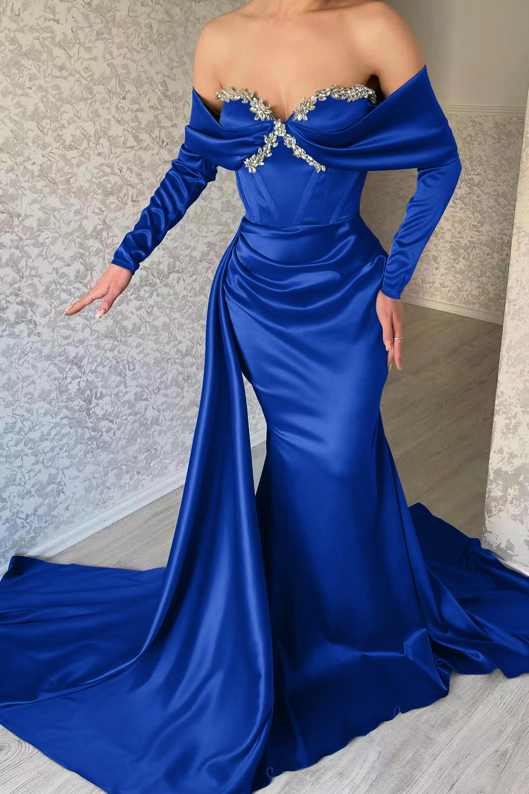 Blue Mermaid Prom Dress Long Sleeve Off the Shoulder Formal Dress With Beadings and Rhinestones