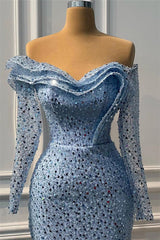 Blue Mermaid Prom Dress Long Sleeve Off the Shoulder Formal Dress With Sequins