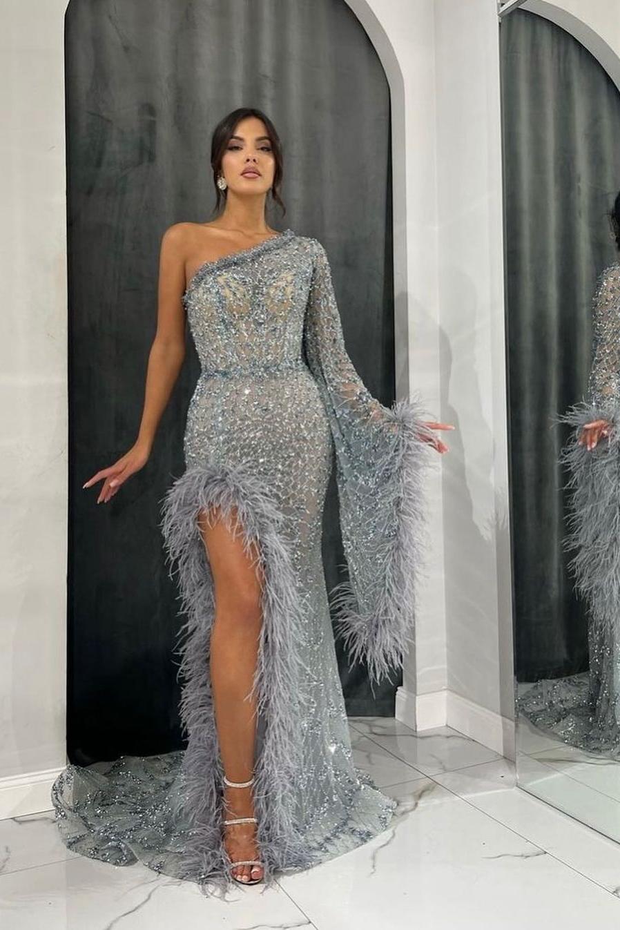 Blue Mermaid Prom Dress Long Sleeve One Shoulder Formal Dress With Beadings and Rhinestones