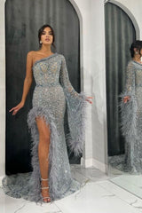 Blue Mermaid Prom Dress Long Sleeve One Shoulder Formal Dress With Beadings and Rhinestones