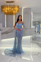Blue Mermaid Prom Dress Long Sleeve One Shoulder Formal Dress With Beadings