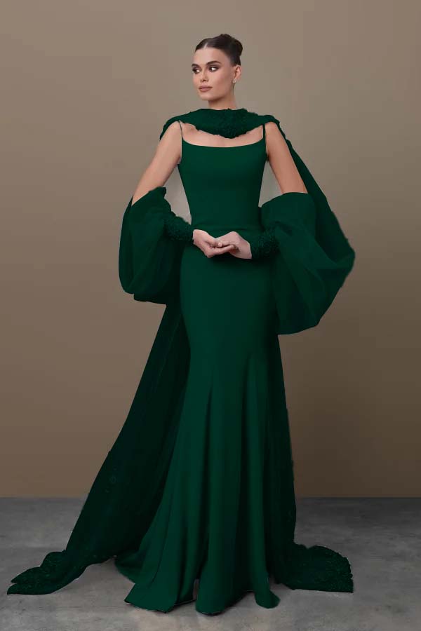 Blue Mermaid Prom Dress Long Sleeve Spaghetti Straps Satin Formal Dress With Sequins