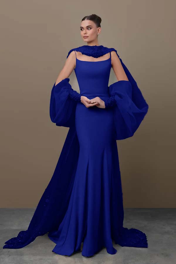 Blue Mermaid Prom Dress Long Sleeve Spaghetti Straps Satin Formal Dress With Sequins