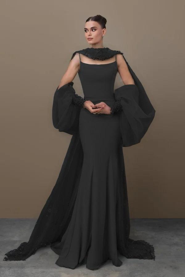 Blue Mermaid Prom Dress Long Sleeve Spaghetti Straps Satin Formal Dress With Sequins