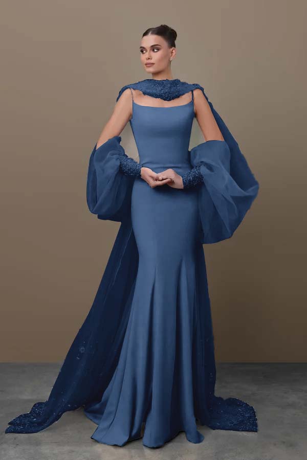 Blue Mermaid Prom Dress Long Sleeve Spaghetti Straps Satin Formal Dress With Sequins