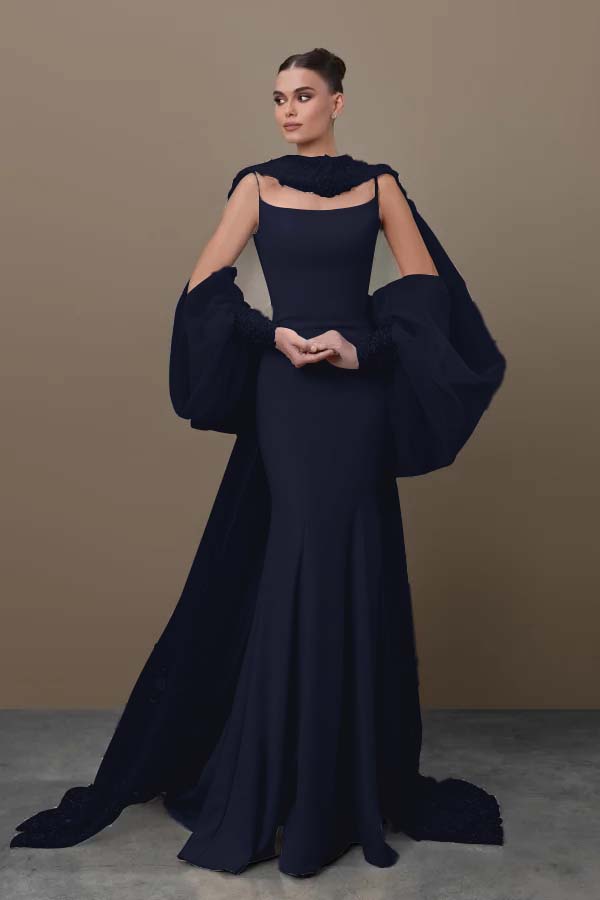 Blue Mermaid Prom Dress Long Sleeve Spaghetti Straps Satin Formal Dress With Sequins