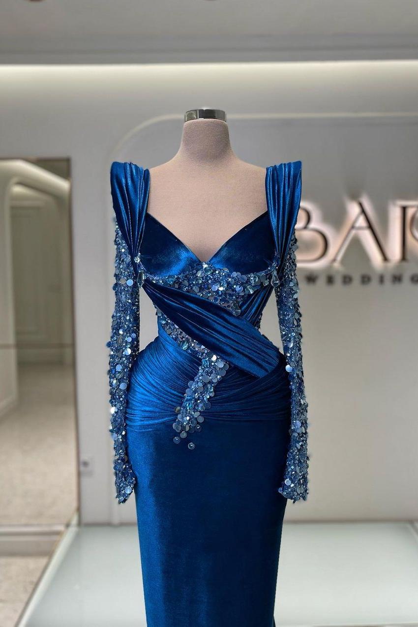 Blue Mermaid Prom Dress Long Sleeve V Neck Satin Formal Dress With Sequins