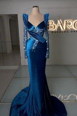 Blue Mermaid Prom Dress Long Sleeve V Neck Satin Formal Dress With Sequins