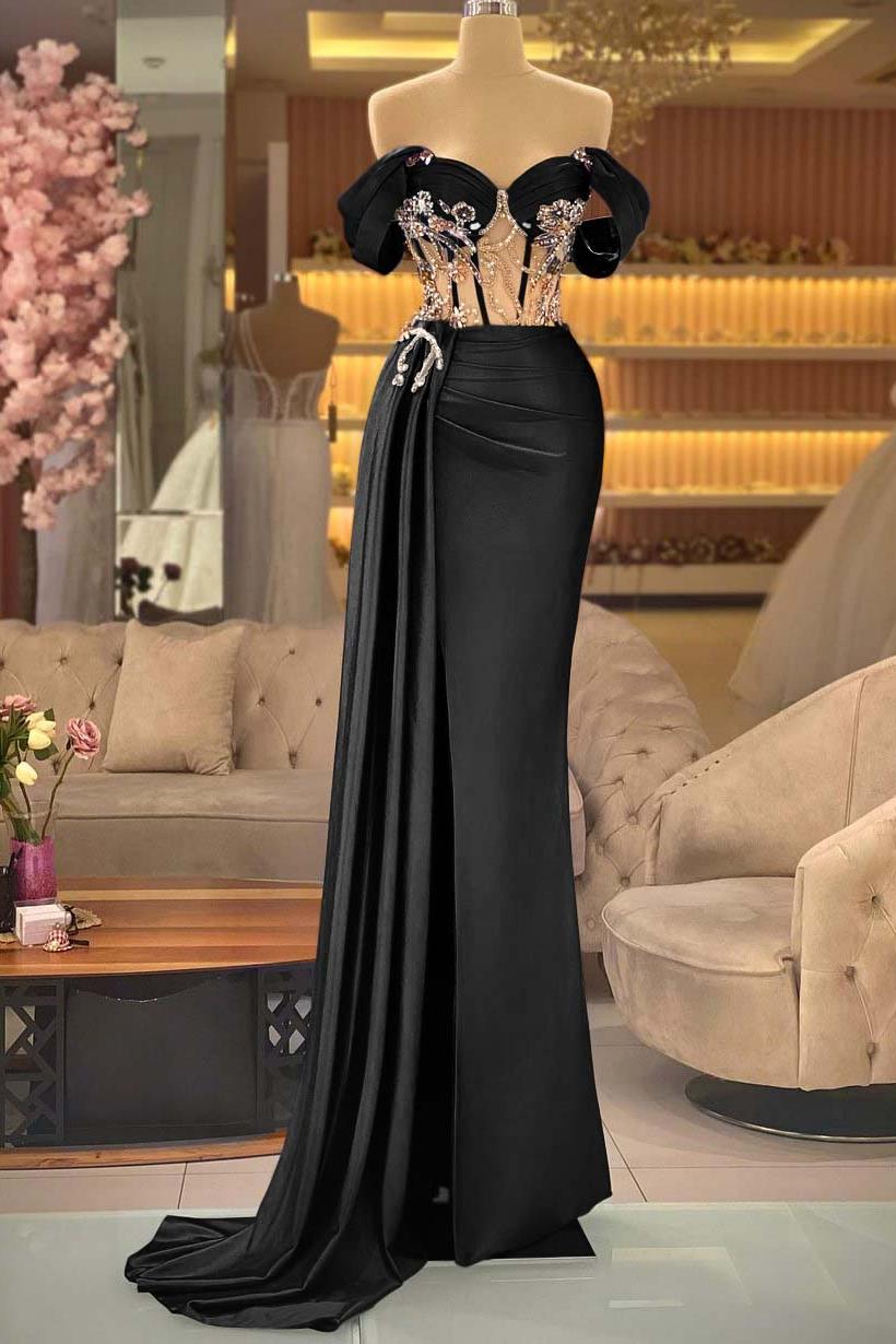 Blue Mermaid Prom Dress Off the Shoulder Cap Sleeve Formal Dress With Beadings