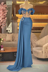 Blue Mermaid Prom Dress Off the Shoulder Cap Sleeve Formal Dress With Beadings