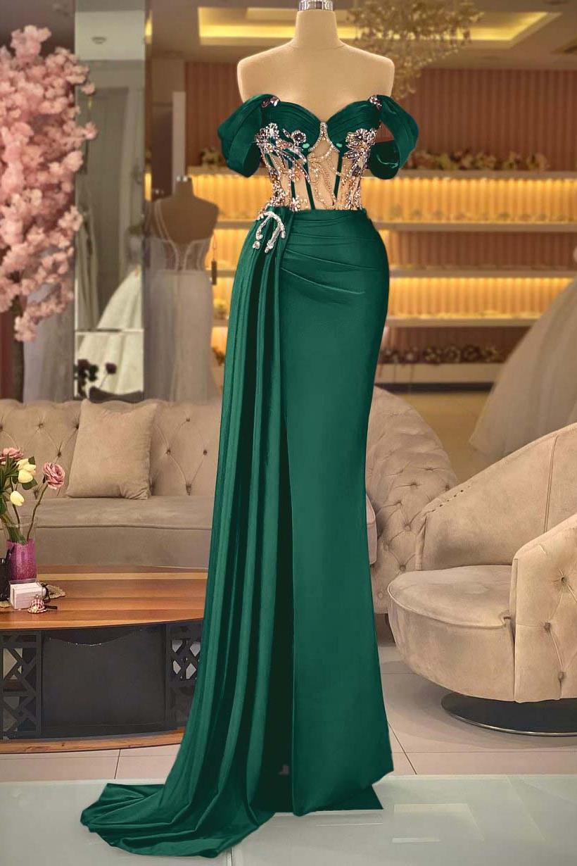 Blue Mermaid Prom Dress Off the Shoulder Cap Sleeve Formal Dress With Beadings