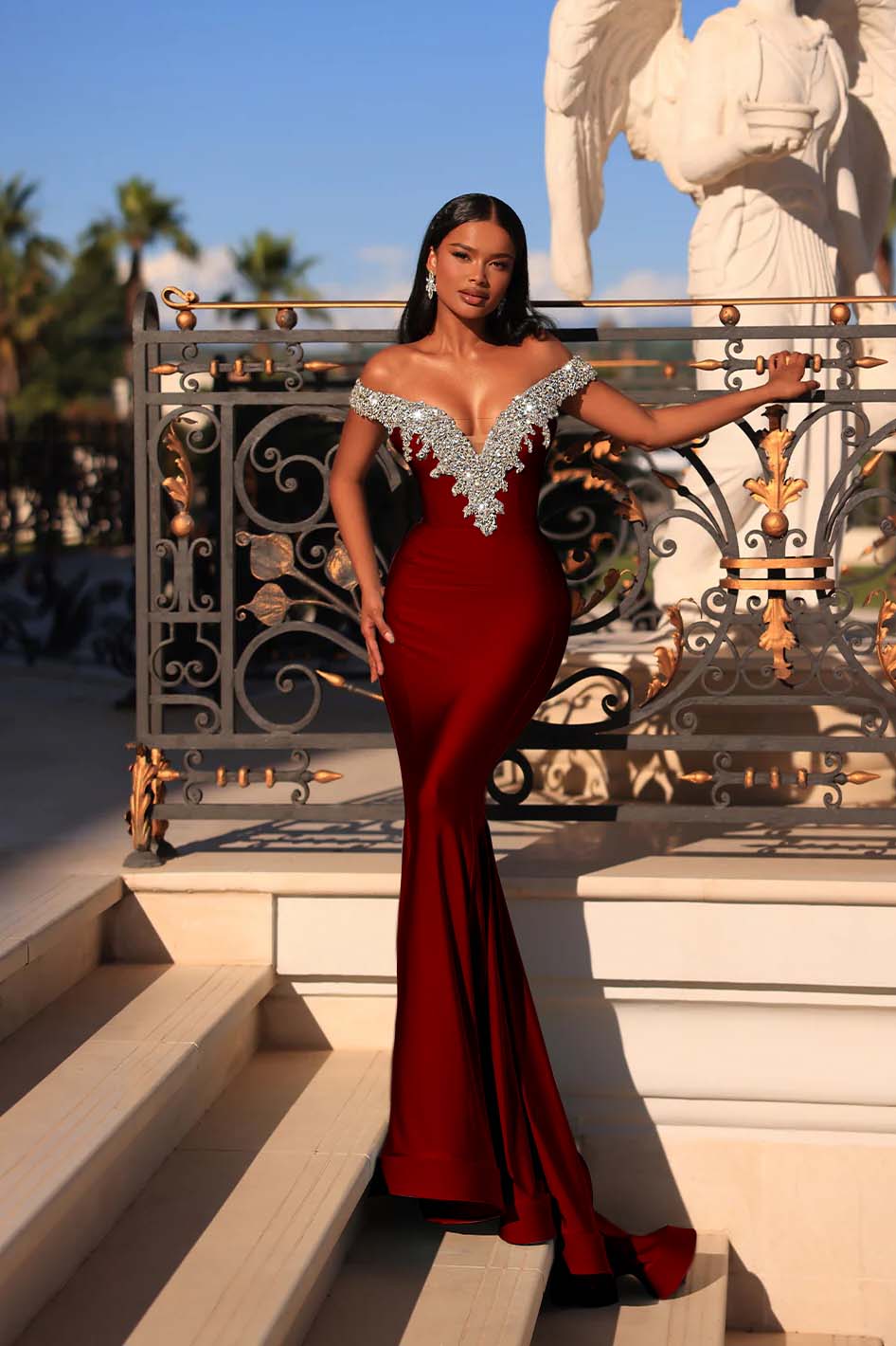 Blue Mermaid Prom Dress Off the Shoulder Cap Sleeve Formal Dress With Beadings and Rhinestones