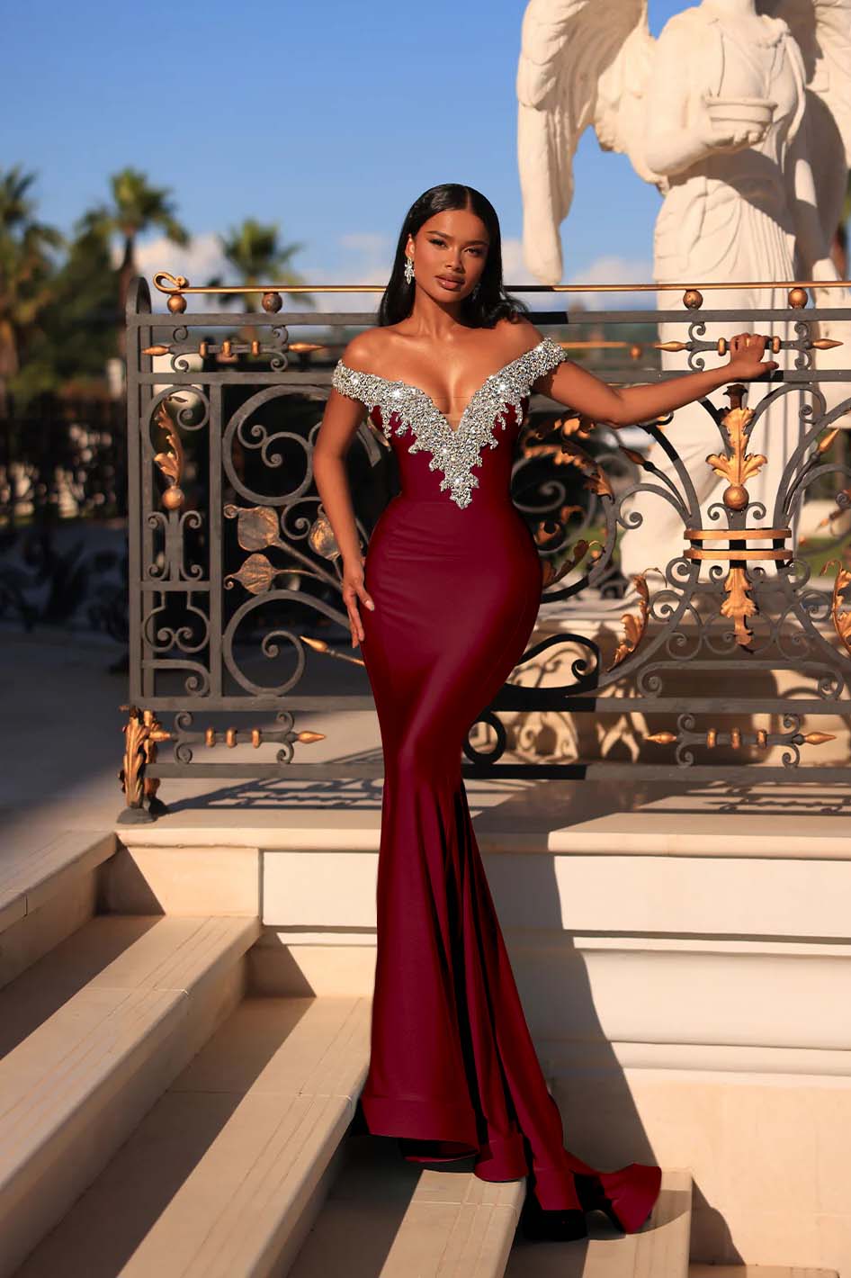 Blue Mermaid Prom Dress Off the Shoulder Cap Sleeve Formal Dress With Beadings and Rhinestones