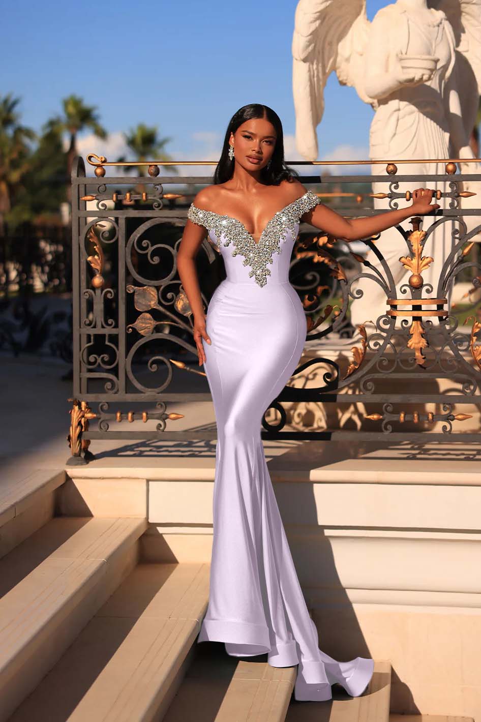 Blue Mermaid Prom Dress Off the Shoulder Cap Sleeve Formal Dress With Beadings and Rhinestones