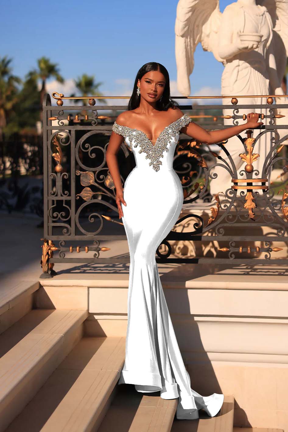 Blue Mermaid Prom Dress Off the Shoulder Cap Sleeve Formal Dress With Beadings and Rhinestones
