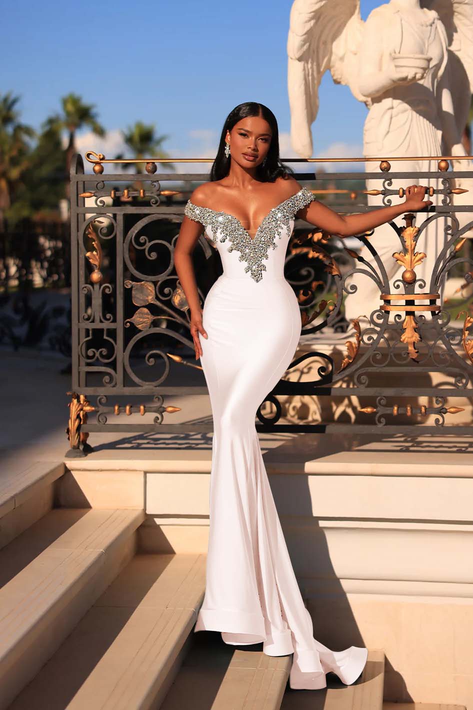 Blue Mermaid Prom Dress Off the Shoulder Cap Sleeve Formal Dress With Beadings and Rhinestones