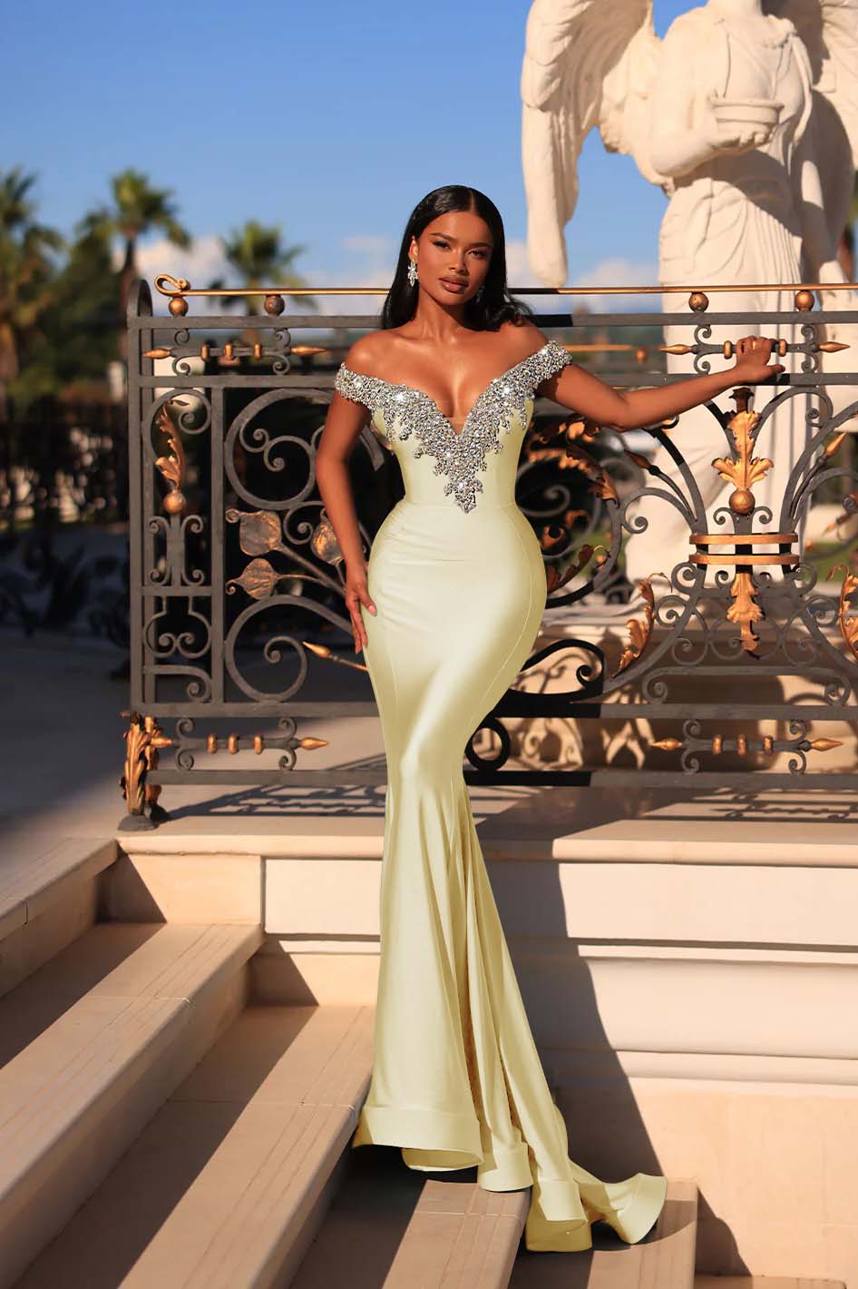 Blue Mermaid Prom Dress Off the Shoulder Cap Sleeve Formal Dress With Beadings and Rhinestones