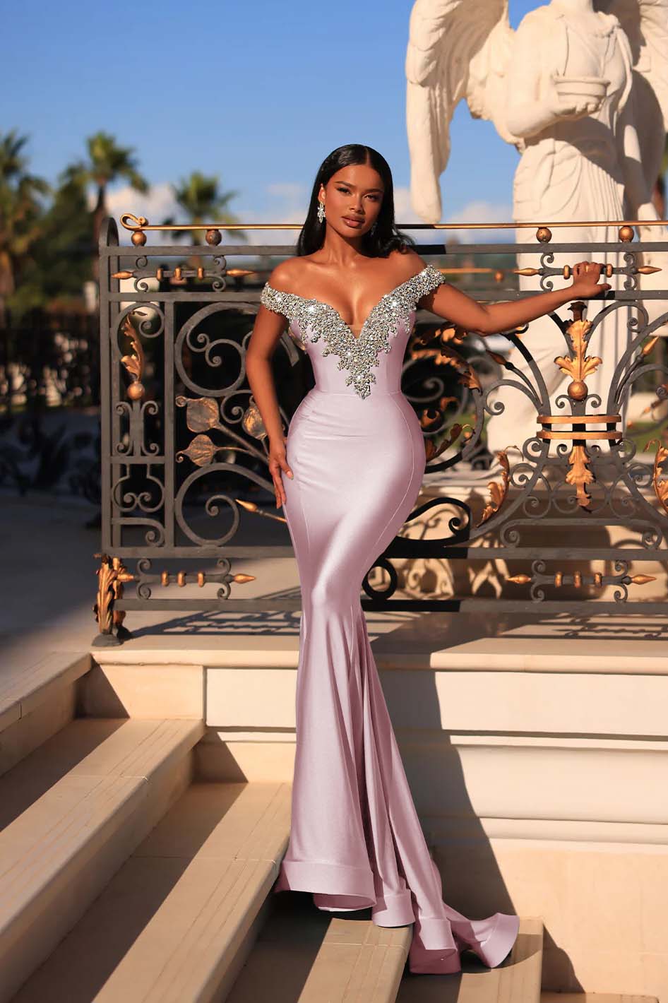 Blue Mermaid Prom Dress Off the Shoulder Cap Sleeve Formal Dress With Beadings and Rhinestones