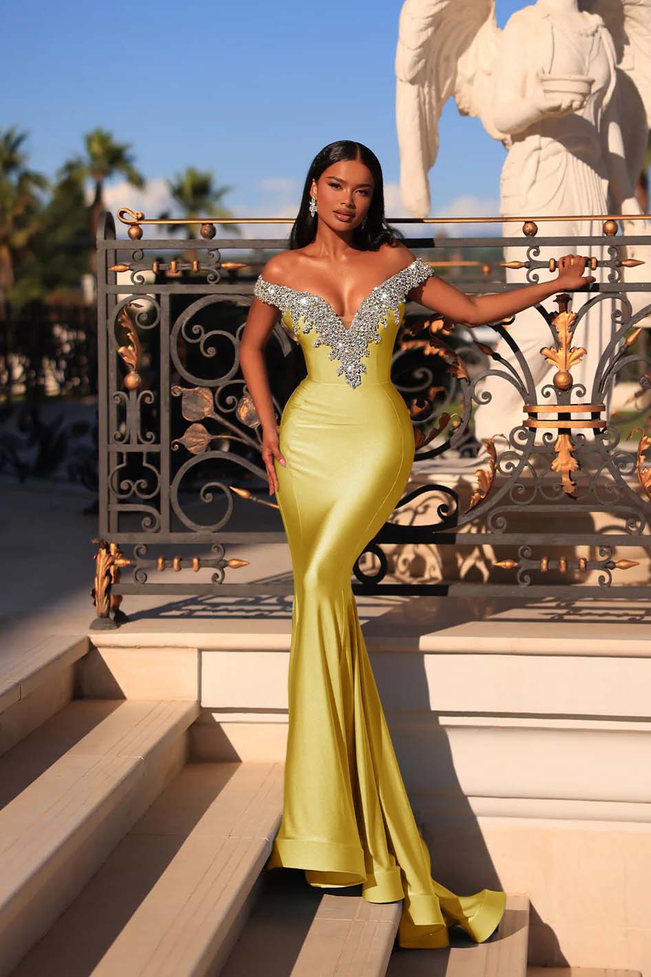 Blue Mermaid Prom Dress Off the Shoulder Cap Sleeve Formal Dress With Beadings and Rhinestones