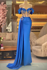 Blue Mermaid Prom Dress Off the Shoulder Cap Sleeve Formal Dress With Beadings