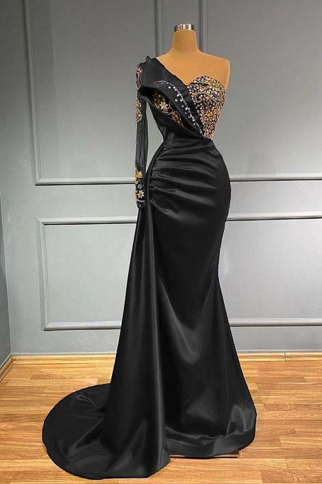 Blue Mermaid Prom Dress One Shoulder Long Sleeve Formal Dress With Beadings and Rhinestones
