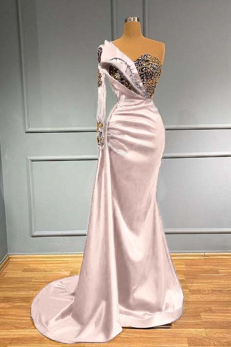 Blue Mermaid Prom Dress One Shoulder Long Sleeve Formal Dress With Beadings and Rhinestones