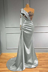 Blue Mermaid Prom Dress One Shoulder Long Sleeve Formal Dress With Beadings and Rhinestones