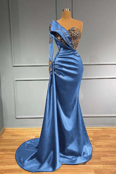 Blue Mermaid Prom Dress One Shoulder Long Sleeve Formal Dress With Beadings and Rhinestones