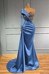 Blue Mermaid Prom Dress One Shoulder Long Sleeve Formal Dress With Beadings and Rhinestones