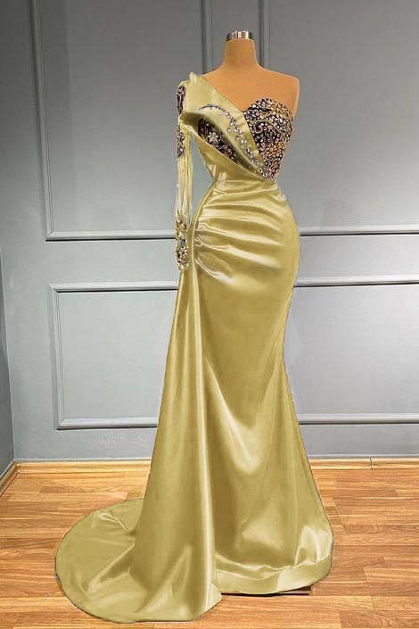 Blue Mermaid Prom Dress One Shoulder Long Sleeve Formal Dress With Beadings and Rhinestones