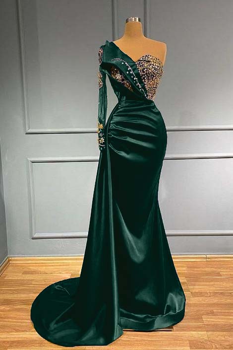 Blue Mermaid Prom Dress One Shoulder Long Sleeve Formal Dress With Beadings and Rhinestones