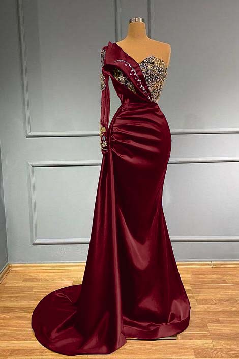Blue Mermaid Prom Dress One Shoulder Long Sleeve Formal Dress With Beadings and Rhinestones