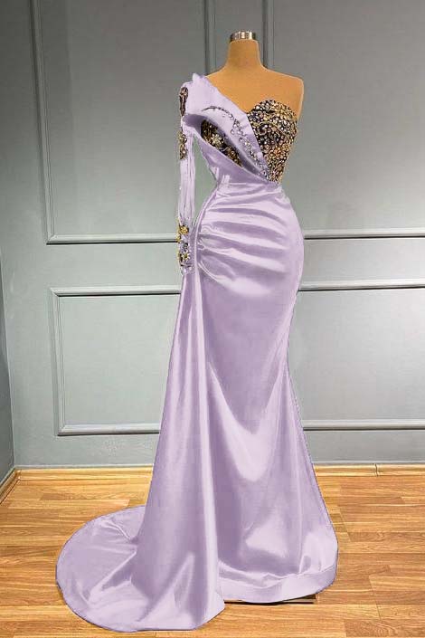 Blue Mermaid Prom Dress One Shoulder Long Sleeve Formal Dress With Beadings and Rhinestones