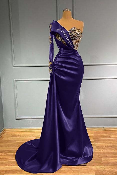 Blue Mermaid Prom Dress One Shoulder Long Sleeve Formal Dress With Beadings and Rhinestones