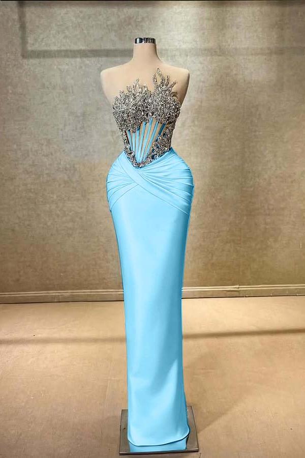 Blue Mermaid Prom Dress Sleeveless Crew Neck Formal Dress With Beadings and Rhinestones