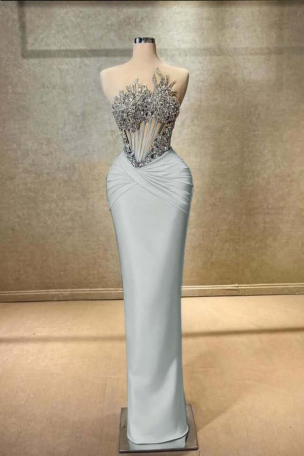 Blue Mermaid Prom Dress Sleeveless Crew Neck Formal Dress With Beadings and Rhinestones