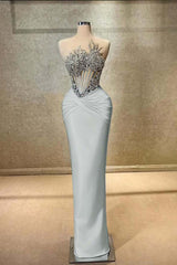Blue Mermaid Prom Dress Sleeveless Crew Neck Formal Dress With Beadings and Rhinestones