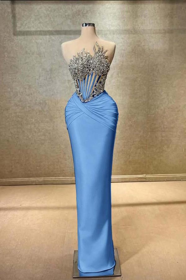 Blue Mermaid Prom Dress Sleeveless Crew Neck Formal Dress With Beadings and Rhinestones