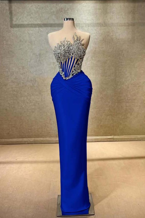 Blue Mermaid Prom Dress Sleeveless Crew Neck Formal Dress With Beadings and Rhinestones