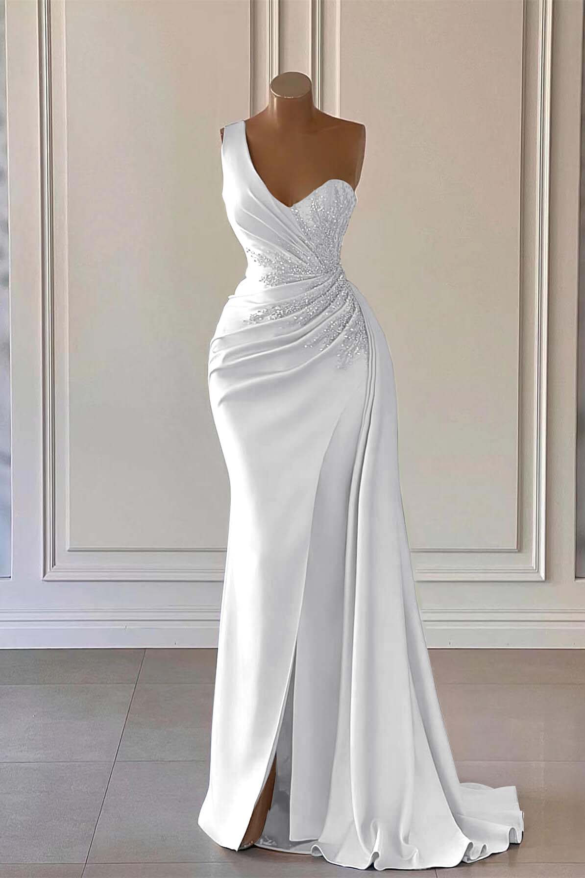 Blue Mermaid Prom Dress Sleeveless One Shoulder Formal Dress With Beadings