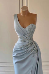 Blue Mermaid Prom Dress Sleeveless One Shoulder Formal Dress With Beadings