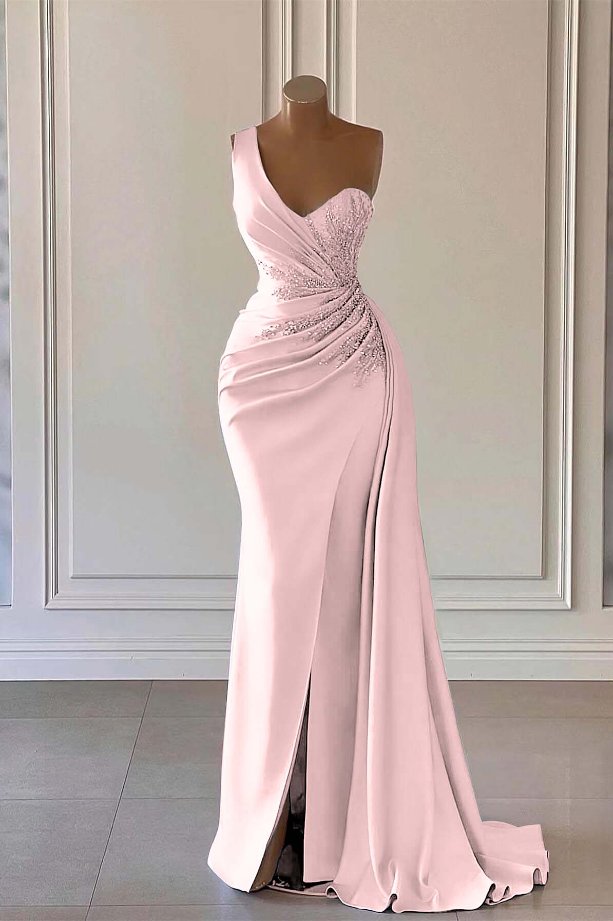 Blue Mermaid Prom Dress Sleeveless One Shoulder Formal Dress With Beadings