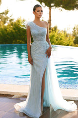 Blue Mermaid Prom Dress Sleeveless One Shoulder Formal Dress With Beadings and Rhinestones