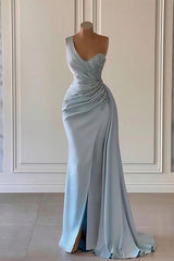 Blue Mermaid Prom Dress Sleeveless One Shoulder Formal Dress With Beadings