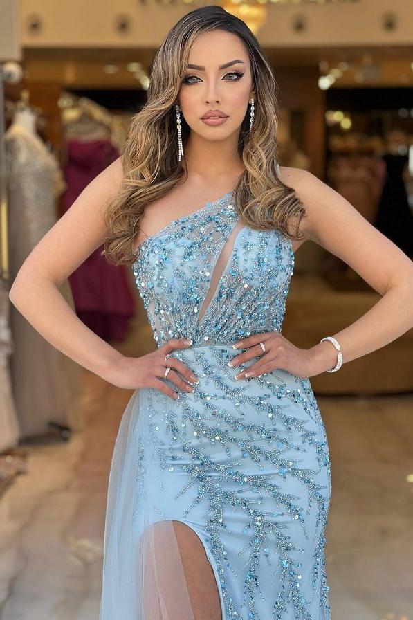 Blue Mermaid Prom Dress Sleeveless One Shoulder Formal Dress With Sequins
